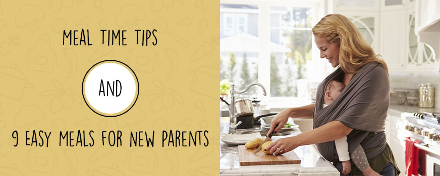 New Mother Preparing Lunch in Kitchen with Baby