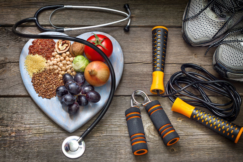 Interpretation of a healthy lifestyle. Exercise, doctor, and proper food.